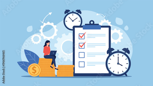 Efficient woman sits on a stack of coins, working on a laptop, with a checklist and alarm clocks, symbolizing effective time management, financial planning, and productivity.
