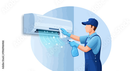 An air conditioning technician in a blue uniform cleaning an air conditioner unit with a spray bottle and cloth, with a world of maintenance and repair service in the background, in a