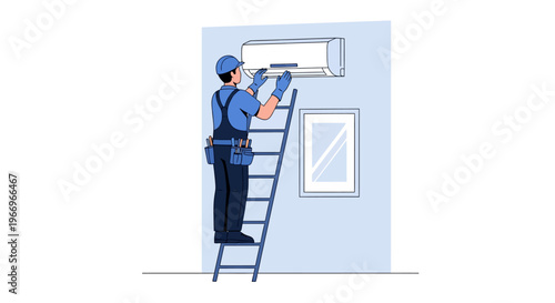 An air conditioning technician in a blue uniform and cap uses a tool to repair an air conditioner on a ladder against a light blue background with a window, conveying a sense of maintenance