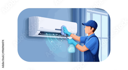 An air conditioning technician in a blue uniform cleaning an air conditioner unit on a wall with a spray bottle and cloth, with a window in the background.