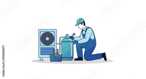 An air conditioning technician in overalls and a cap kneels beside an air conditioner unit and toolbox, performing maintenance and repair work on a clean white background, with a focus on