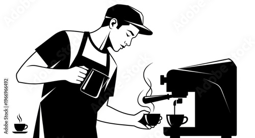 Barista making coffee with espresso machine in cafe.