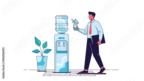 Professional businessman casually walks towards a water cooler, filling his glass with fresh water, symbolizing a healthy office routine and hydration break during work.