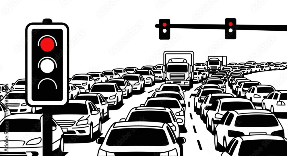 Εκτύπωση καμβά Traffic Jam Red Light Cars Trucks Congestion Highway.