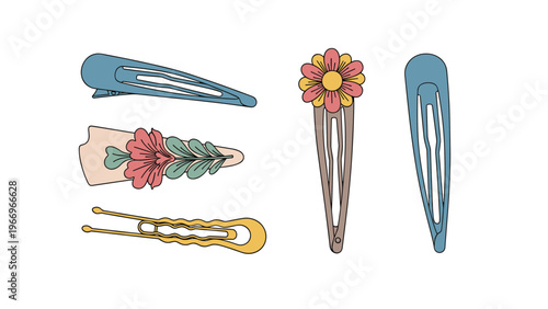 Assorted collection of colorful and stylish hair clips, including snap clips, bobby pins, and decorative floral clips, perfect for hair accessories, fashion, and beauty themes.