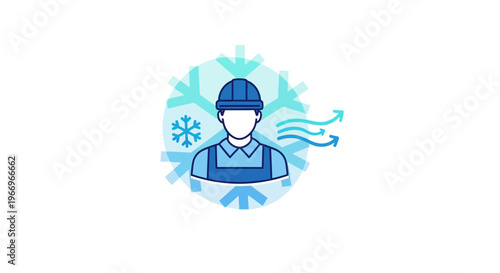 An air conditioning technician in a blue uniform and cap with a snowflake and wind icon behind him, on a white background, conveying a service and maintenance concept for air conditioner