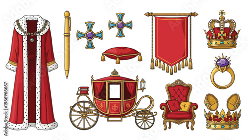 Exquisite collection of royal accessories, including a majestic robe, crowns, scepters, a carriage, and an ornate throne, depicting monarchy, luxury, and ancient power.