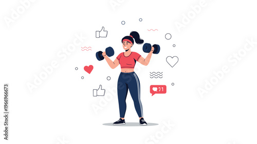 Strong and cheerful woman actively exercises with dumbbells, surrounded by social media icons like likes and hearts, symbolizing fitness influence and healthy lifestyle.