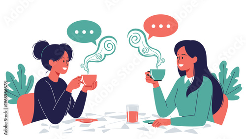 Two cheerful women sit at a table, enjoying hot coffee or tea with steaming speech bubbles, symbolizing friendly conversation, social connection, and pleasant gossip.