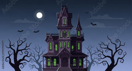 Spooky haunted mansion on a dark night with bats flying.