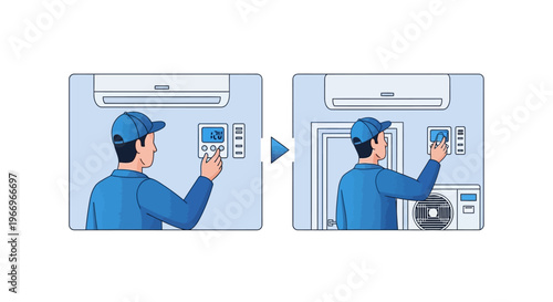 Vector illustration of an air conditioning technician servicing and repairing an air conditioner unit with a character design on a clean background.