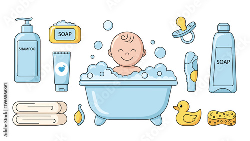 Adorable collection of baby bath time essentials, including a happy baby in a tub with bubbles, shampoo, soap, towels, and a rubber duck, illustrating infant care.