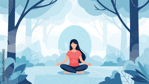 Serene woman sits in a lotus position, meditating peacefully in a tranquil forest setting with lush blue trees and gentle light, symbolizing mindfulness, peace, and spiritual well-being.