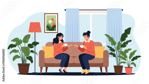 Two cheerful women relax on a comfortable sofa in a cozy living room, enjoying hot drinks and friendly conversation, symbolizing friendship and home comfort.