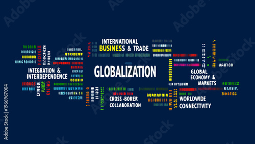 Globalization concept with related terms and a dark blue background