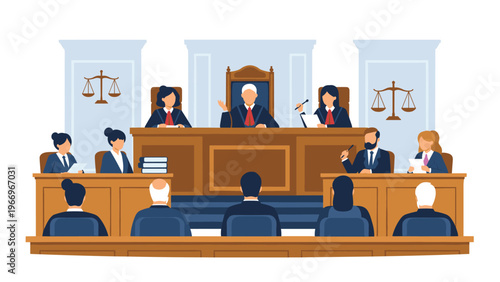 Courtroom scene depicting a judge, lawyers, and jurors in their respective positions during a legal proceeding, emphasizing the justice system and law.
