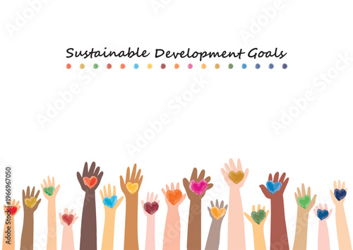 SDGsイメージ世界の人々の手と17色のハートフラットイラスト