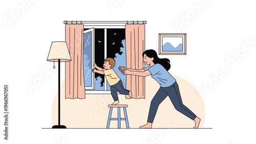 Worried mother reaching out to prevent her adventurous small child from climbing on a stool and looking out of an open window at night.