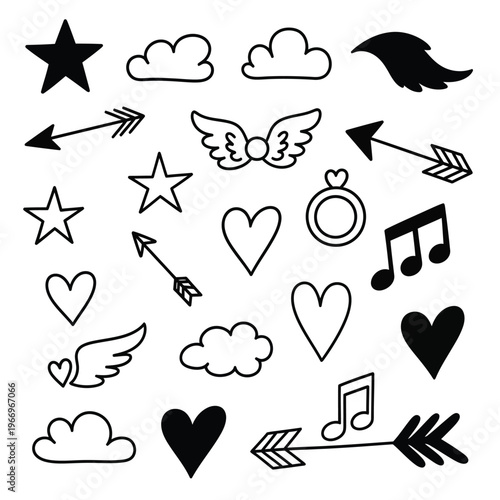Collection of playful and symbolic icons featuring stars, hearts, arrows, clouds, and musical notes