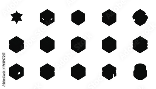 Fifteen black geometric shapes display variations of hexagonal forms and abstract designs on white.