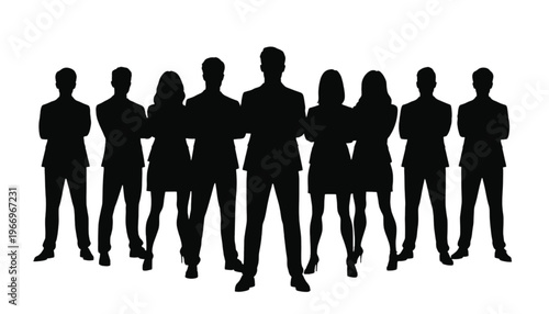 A diverse group of ten business professionals stands together as a unified team silhouette.