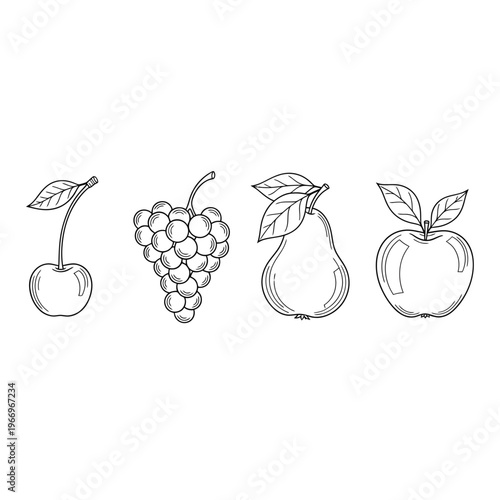 Simple illustration of cherries, grapes, a pear, and an apple with leaves