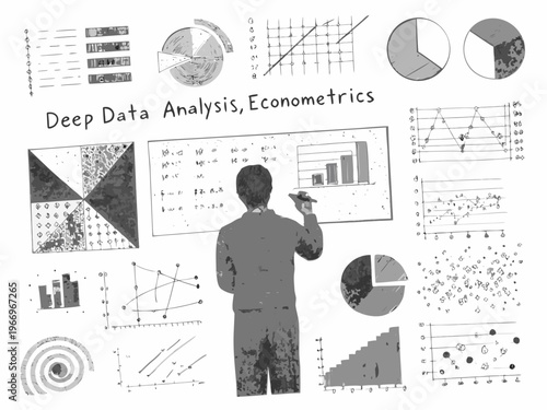Data analysis illustration featuring charts graphs and a person presenting