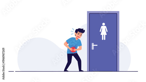 Man experiencing severe stomach pain and sweating, anxiously standing in front of a public restroom door with a female gender symbol.