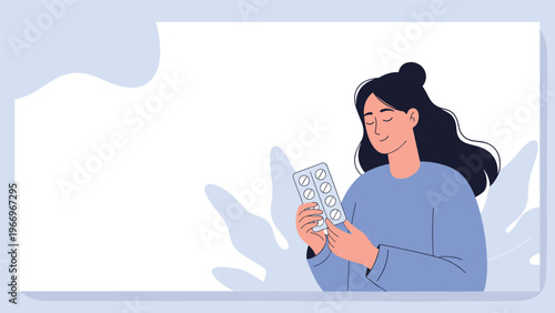 Serene woman with dark hair holding a blister pack of pills, smiling gently, symbolizing medication, self-care, and general wellness.