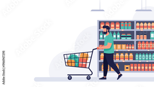 Man pushing a shopping cart filled with groceries down a brightly lit aisle in a supermarket, depicting consumer behavior and retail experience.