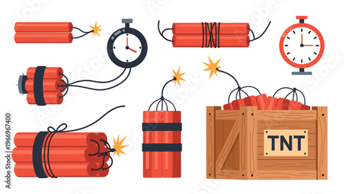 Comprehensive collection of dynamite sticks and bundles, some with lit fuses and integrated alarm clocks, alongside a "TNT" wooden crate.