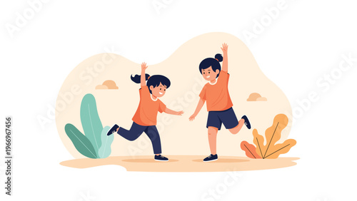 Two joyful young girls with pigtails running and playfully interacting outdoors amidst lush green plants, embodying carefree childhood fun.