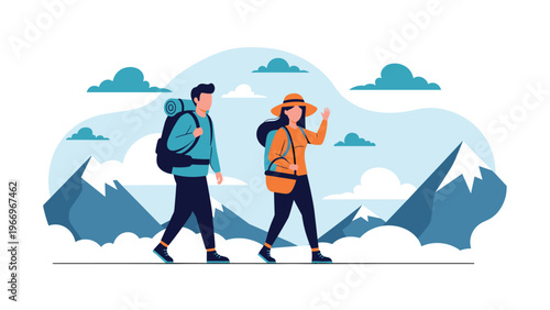 Adventurous man and woman equipped with backpacks, enthusiastically hiking through a breathtaking mountainous landscape under cloudy skies.