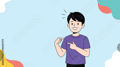 Cheerful young man pointing to himself with both hands, confidently asserting his presence or making a personal choice against a colorful abstract background.