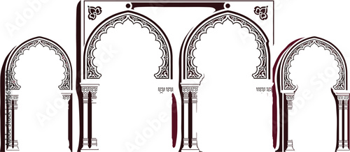 Islamic arch silhouette set with moorish architecture windows and arabic floral patterns in black vector style