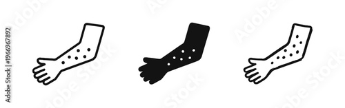 Allergic rash or skin disease icon set. Arm with spots in outline, solid, and hand-drawn doodle style.