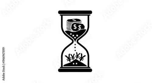 A black and white vector graphic illustration of an hourglass with money and time running out