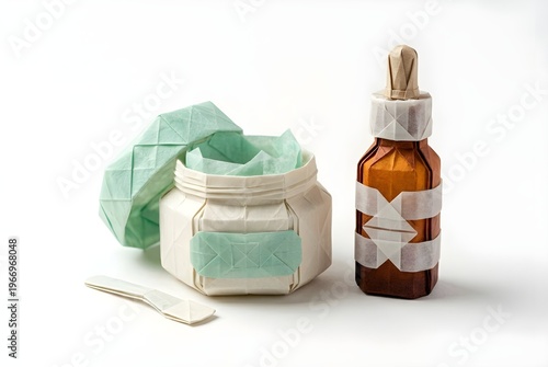 Origami Skincare set: Delicate paper skincare product models, including a jar of cream and dropper bottle. A visual representation of cosmetic products, emphasizing sustainable beauty, craft.