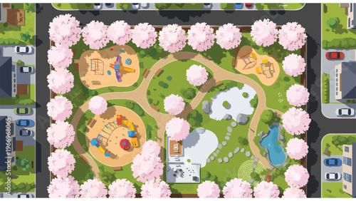 Top-down aerial view of a vibrant public park with playground, benches, and cherry blossom trees for community use.