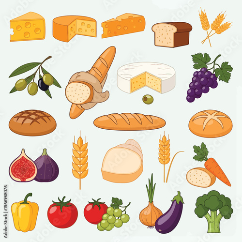 Assorted mediterranean and european ingredients and foods displayed artistically