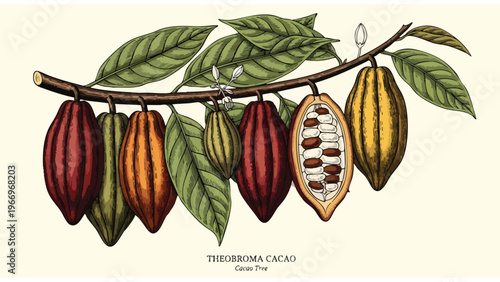 Cocoa Pods On Branch Illustration, Cacao Fruit Botanical Art, Chocolate Ingredient Source