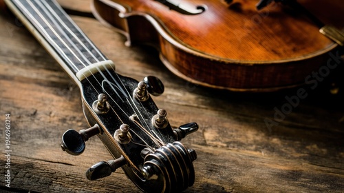bluegrass. Close-up of a banjo headstock with an old fiddle on rustic wood. event programs, museum guides, designed for cultural heritage projects and event programs, preserves heritage.