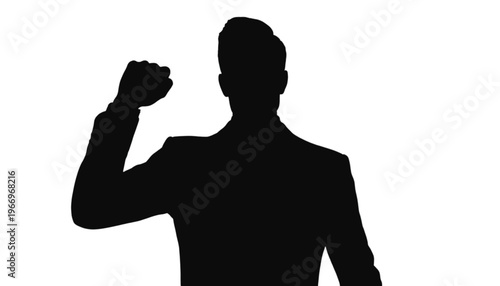 Black silhouette of a triumphant person wearing a jacket with one fist raised strongly overhead.
