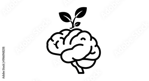 A minimalist vector illustration of a brain with a small plant growing out of it, symbolizing growth and knowledge.