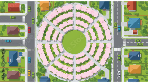 Aerial View: Suburban Neighborhood with Circular Park, Houses, Roads, Cars