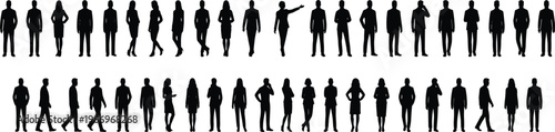 Large bundle of professional business people silhouettes featuring corporate men and women in various standing and walking poses for office workplace and career concepts isolated