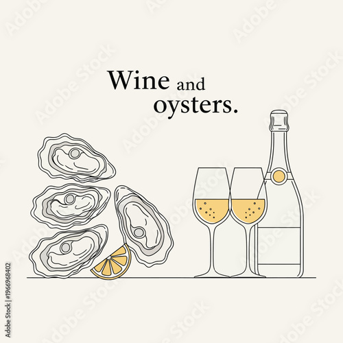Elegant illustration of wine and oysters paired with lemon garnish