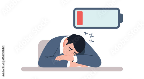 Exhausted Businessman Sleeping on Desk with Low Battery Icon, Burnout and Work Fatigue Concept Vector Illustration