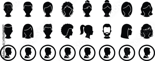 Diverse collection of human head silhouettes and profile avatars featuring various hairstyles for men and women including business profile icons in circular frames isolated