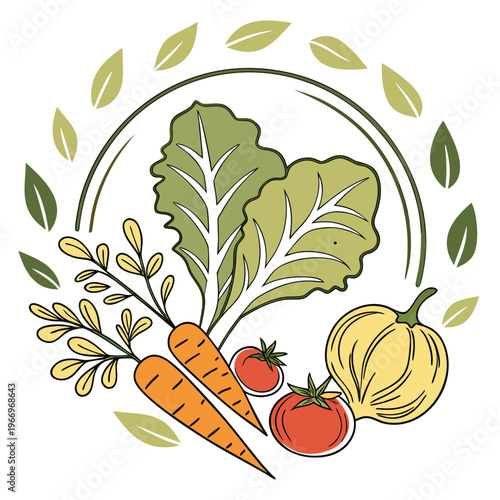 Organic vegetable logo with fresh leaf circle - vector with food logo